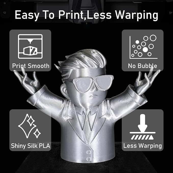 Silk Sliver PLA Satin Shiny 3D Printer Filament, 1.75mm Diameter 1kg Spool 2.2lbs for FDM 3D Printers
