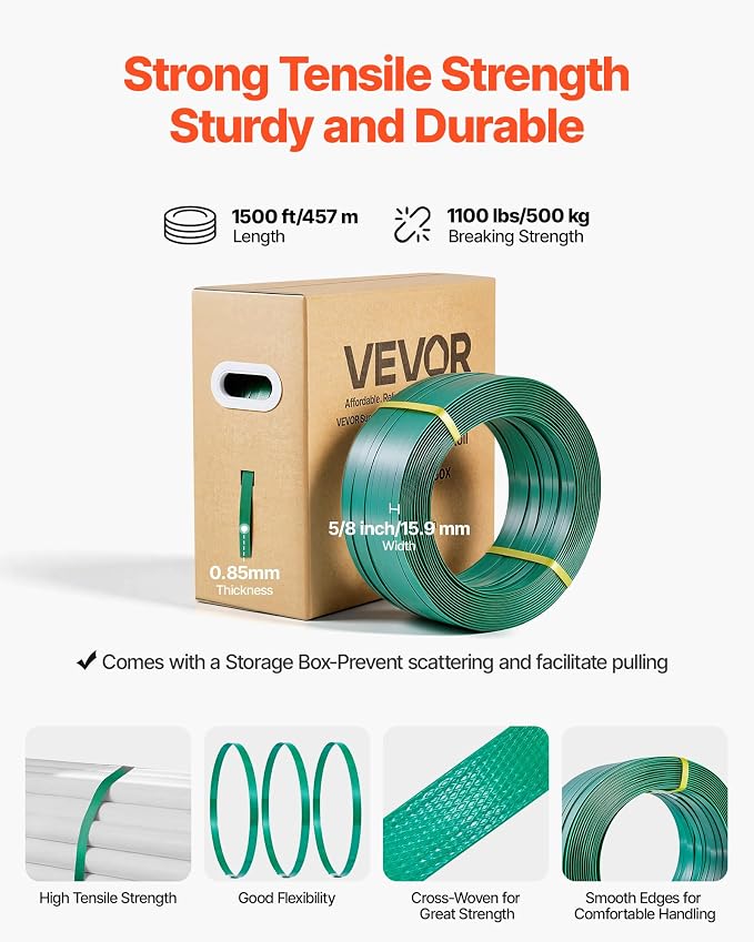 VEVOR Banding Strapping Kit, Heavy Duty Banding Sealer Tool with 1500 ft PET Band, 450 Metal Seals, 150 Corner Protectors & Gloves, Plastic Pallet Packaging Strapping Kit for Warehouse/Shipping/Moving