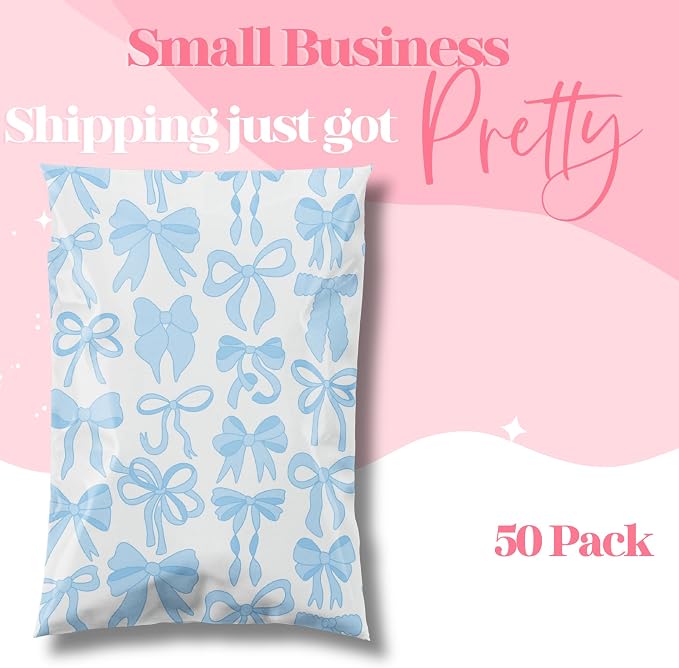 Pretty Package Store Poly Mailer 24x24, Blue Bows, 50 Pack | Heavy Duty, Waterproof, Self Seal, Tear Resistant, Large Shipping Bags for Small Business Packaging, Bulk Mailing Envelopes