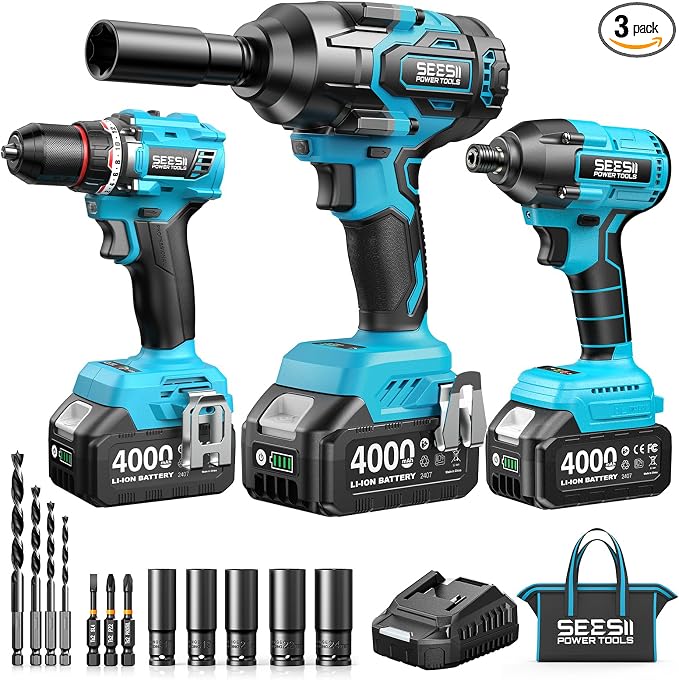 Seesii Power Tool Combo Kits,1000N.m Impact Wrench1/2, 3/8" 180N.m Impact Driver and 1/4" 50N.m Impact Drill, Brushless, 2 * 4000mAh Bartteris,Fast Charger,Impact Gun For Car Home DIY