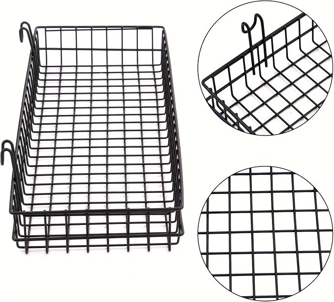 4 Pack 15.75 x 6 x 2.36 Inch Metal Grid Wall Baskets with Hooks, Hanging Wire Grid Basket, Multi-Function Wall Mounted Organizer for Kitchen Organizing Display, Black