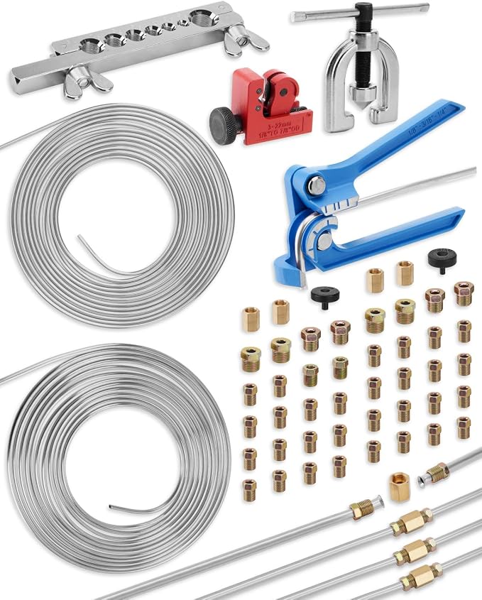 25 ft 3/16in &1/4in Zinc-Plated Brake Line Flaring Tool Kit, Includes 3-in-1 Tube Bender, Double & Single Flaring Tool Set, 1 Tube Cutter, 4 Threads Unions, 40 Fittings