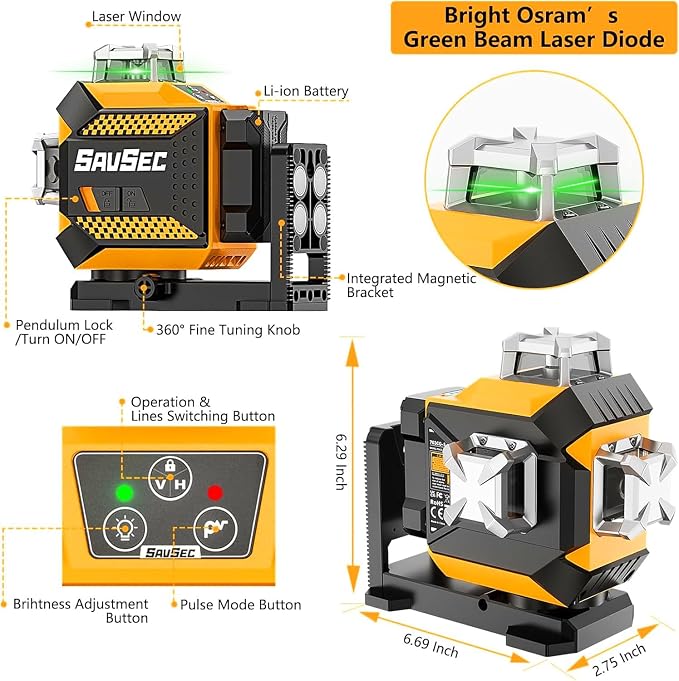 Laser Level 360 self leveling, SAVSEC 3 x 360° Brightness Adjustable Lazer Leveler Tool, 3D Rechargeable Green Cross Line Laser for Construction and Picture Hanging - Magnetic Fine-adjust Wall Bracket
