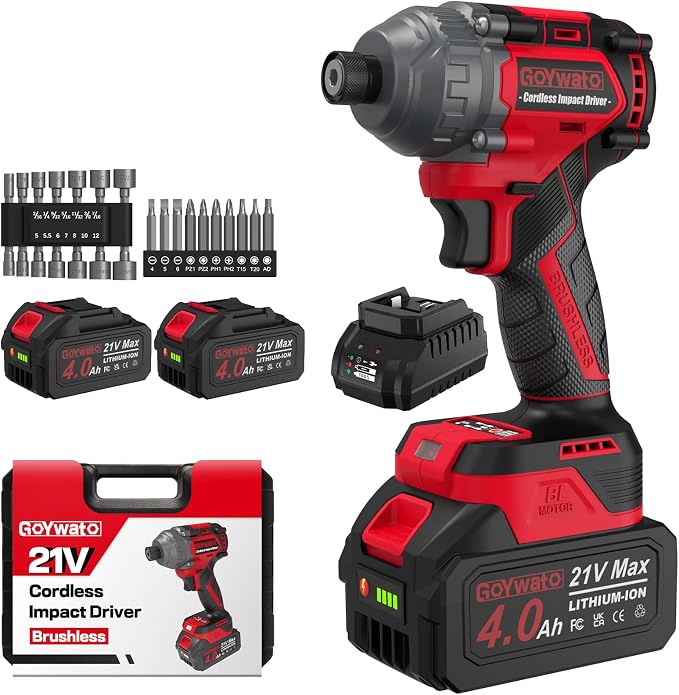 Cordless Impact Driver 2655In-lbs(300N·m) - 21V 1/4" Hex Chuck Brushless Impact Driver With 2 x 4.0Ah Batteries & Charger & 14 x Sockets Set & 10 x Screwdriver Bits for Home Projects & DIY Red