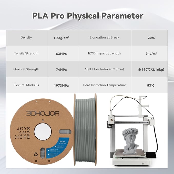 3DHoJor PLA Pro (PLA+) Filament 1.75mm, 3D Printer Filament, Cardboard Spool, Dimensional Accuracy +/- 0.03 mm - Silver, 1kg