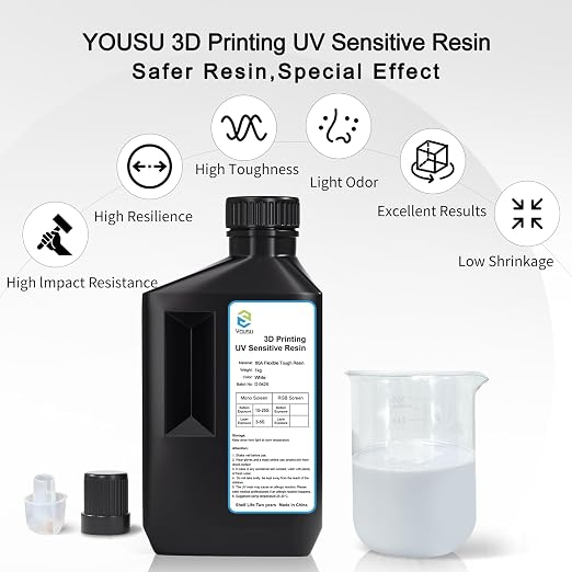 YOUSU Flexible Tough (Shore 80A) 3D Printer Resin,Soft Rubber/TPU Like 3D Printing Resin,High Elongation 405nm Fast UV-Curing Photopolymer Resin for LCD Printer,White 1000g