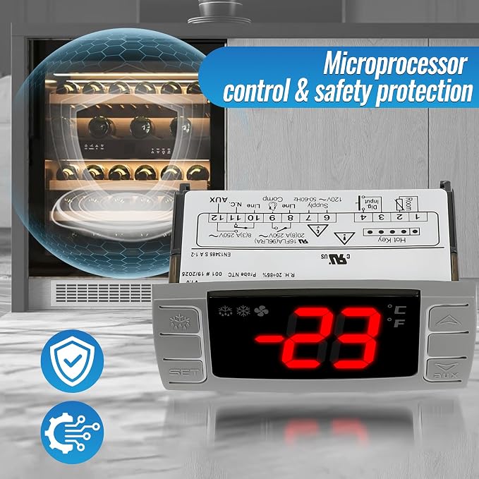 XR02CX-4N1F1 Temperature Controllers, Ideal for 120V 50-60hz Commercial Refrigerators/Freezer, Digital Thermostat with Sensor Probe & Mounting Hardware