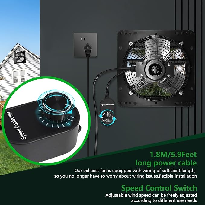 12 inch Shutter Exhaust Fan Louvered Exhaust Fan w/Speed Controller Attic Vent Fan for Chicken Coops, Greenhouse, Gable, Barn, Garage, Shed Ventilator 970 CFM 1700RPM