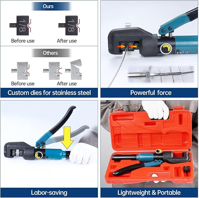 Muzata Custom Cable Railing Crimping Tool Hydraulic Crimper Hydraulic Crimping Tool for 1/8" Stainless Steel Cable Railing Kit Wire Rope Swaging Kit with Wire Cutter CR09 CK12