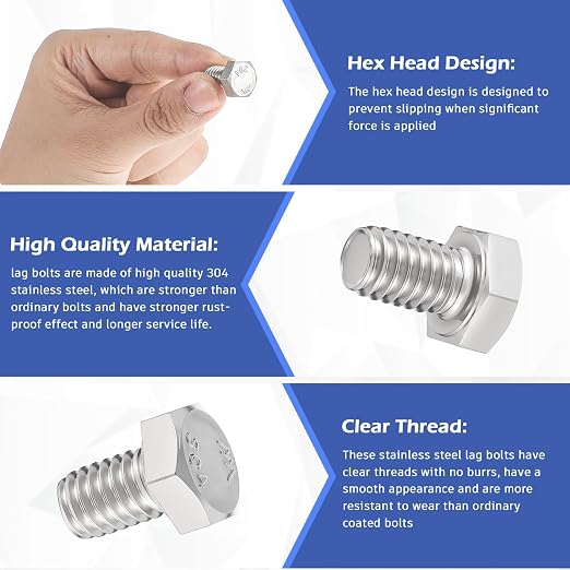 Zonon 50 Pcs 5/16-18 x 1/2" Hex Head Screw Bolt 18-8 (304) Stainless Steel Hexagon Bolts, Fully Threaded, Plain Finish, External Hex Drive (Silver)