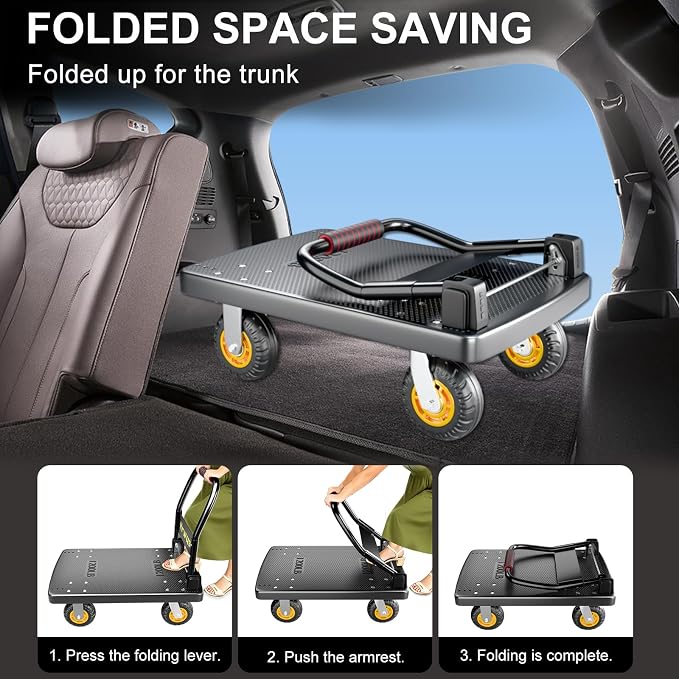 Push Cart, Folding Mobile Platform Trolley (Black) | 360° Swivel Wheels,35.4 “L x 23.6 ”W, 1323 lb.Grey Dolly cart with Wheels