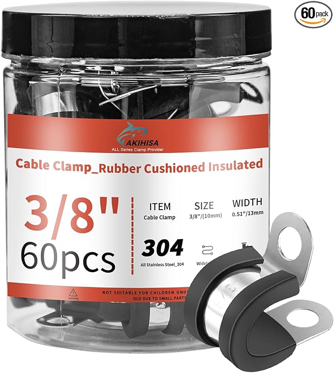 AKIHISA 60Pcs 3/8 Inch Cable Clamps, 304 Stainless Steel Conduit Clamps, for Cable, Pipe, Hose, Fuel Line, Metal Wire Cord Installation