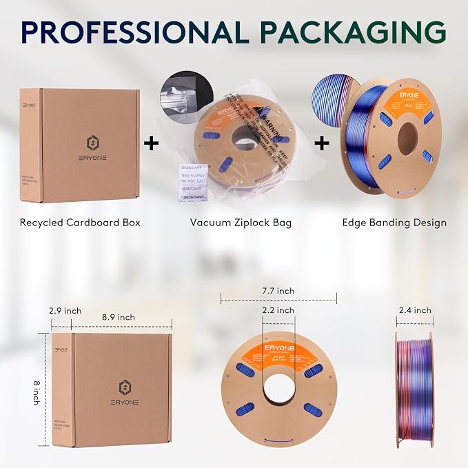 ERYONE Silk Dual Color PLA Filament 3D Printer 1.75mm +/- 0.03mm, Bicolor Filament Two Tone PLA 1KG(2.2lbs) Cardboard Spool, Orange & Blue