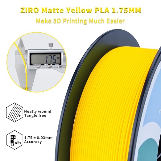 ZIRO Matte PLA Filament 1.75mm,1KG 3D Printer Filament,High Toughness PLA,Dimensional Accuracy +/- 0.03mm,Matte Yellow