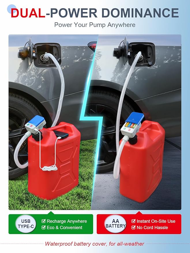 Portable Fuel Transfer Pump for Gasoline & Diesel, 3.2 GPM, Auto-Stop Sensor, 51" Hose, USB Type-C & AA Battery Powered, for RVs, ATVs, Motorcycles, Small Engines & Tractors （Blue）