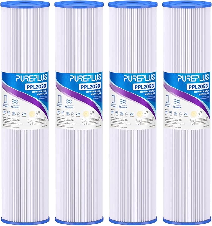PUREPLUS 50 Micron 20" x 4.5" Whole House Pleated Sediment Filter for Well Water, Replacement Cartridge for ECP20-20BB, AP810-2, SPC-45-2020, R30-20BB, HDC3001, ECP5-20BB, 4Pack