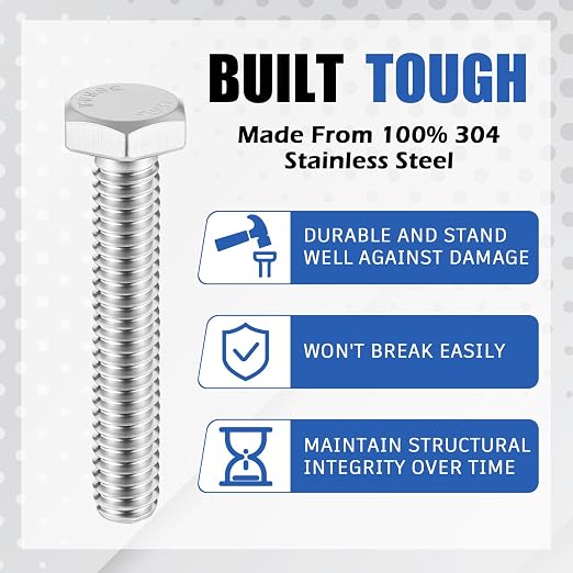 Zonon 50 Pcs 5/16-18 x 1-1/2" Hex Head Screw Bolt 18-8 (304) Stainless Steel Hexagon Bolts, Fully Threaded, Plain Finish, External Hex Drive (Silver)