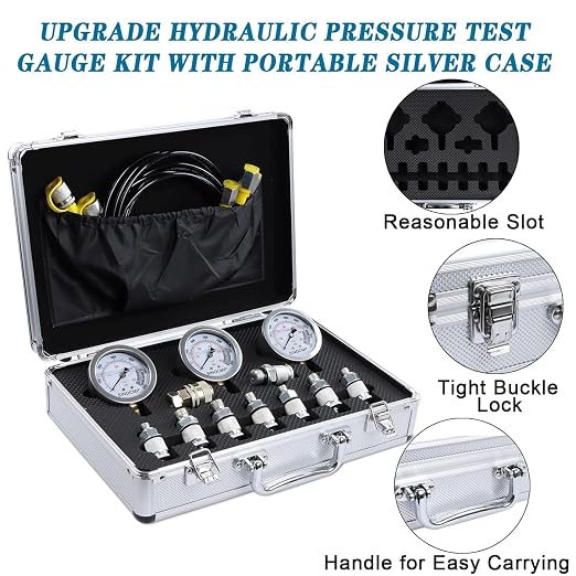 Hydraulic Pressure Test Kit with 3 Gauges 25/40/60 Mpa, 9 Couplings, 3 Test Hoses, Hydraulic Gauge Tester Set for Excavator Construction Machinery