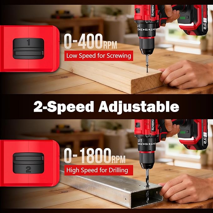 Sundpey Cordless Power Drill Set - 620in-lbs 23+3 Brushless Electric Drill w/ 2 × 2.0Ah Battery & LED Light & 3/8" Metal Chuck & Fast Charger - Electric Screwdriver for Home DIY Woodworking Men Women