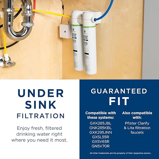 GE Under Sink Water Filter Replacement, Dual Flow, Reduces Sediment, Rust & Other Impurities from Water, Fits GXK255TBN Under Sink Filtration System, Replace Every 6 Months,FQK2J,2 Filters (Pack of 3)
