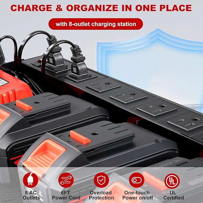 Power Tool Organizer Wall Mount with Charging Station, Heavy Duty 3 Layer Garage Tool Storage with 4 Cordless Drill Holder and 8 Outlet Power Strip, Gift for Men Husband Dad Birthday Anniversary red