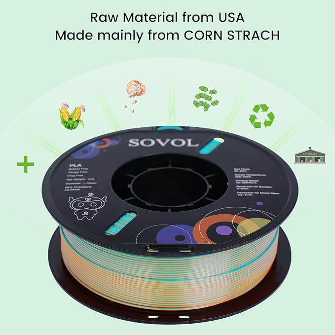 Sovol Dual Color PLA Filament 1.75mm, Silk PLA 3D Printing Material, Dual Color Filament Orange + Light Blue 2 in 1 Coextrusion PLA Filament +/-0.03mm, 1kg/2.2lbs