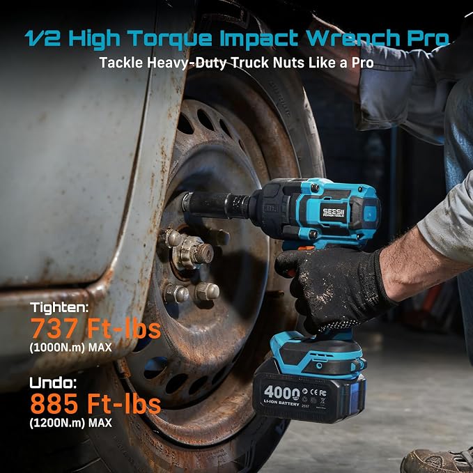 Seesii Impact Wrench 886 FT-LBS(1200N.m) 2900IPM 1/2 Impact Gun High Torque Electric Impact Driver Cordless Impact Wrench with 21V 4.0Ah Battery 5 Socket&Case for Home Car Tire Lug Nut Removal Tool