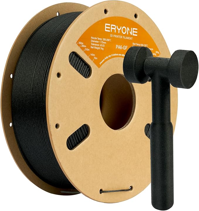 ERYONE Nylon 3D Printer Filament, Polyamide PA6 Glass Fiber Filament 1.75mm +/- 0.03mm, Stiff & Strong & Heat Resistant, 1kg (2.2LBS)/Spool, PA6 GF Black