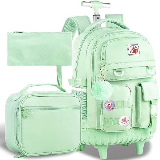 CCJPX Rolling Backpack for Girls Women, 21 inch Roller Wheels School Bookbag, Wheeled Suitcase Backpacks with Lunch Bag for Teen - Green