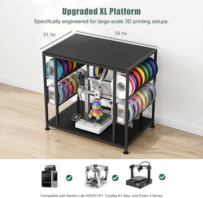 Large 3D Printer Stand with Filament Storage Heavy Duty Metal 3D Printer Table for 3 Printers Anti-Vibration Filament Storage Rack for Workshop Studio Office Black