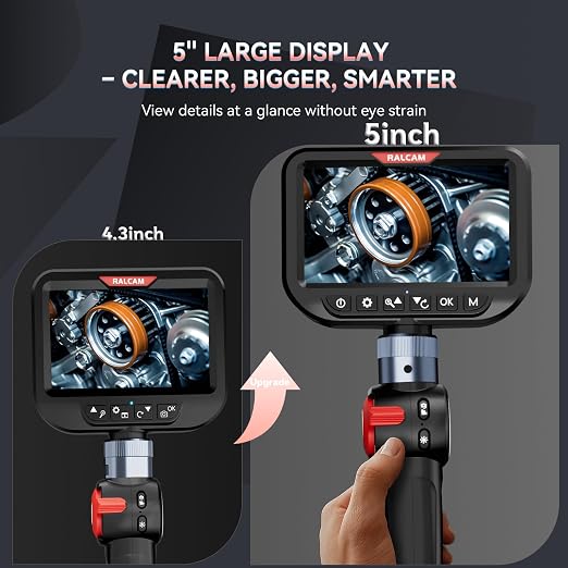 Ralcam 3mm Two-Way Articulating Borescope, 5 Inch HD Industrial Endoscope Inspection Camera with Light, Stainless Steel Flexible Fiber Optic Scope Camera 0.12in Automotive Mechanics Tool