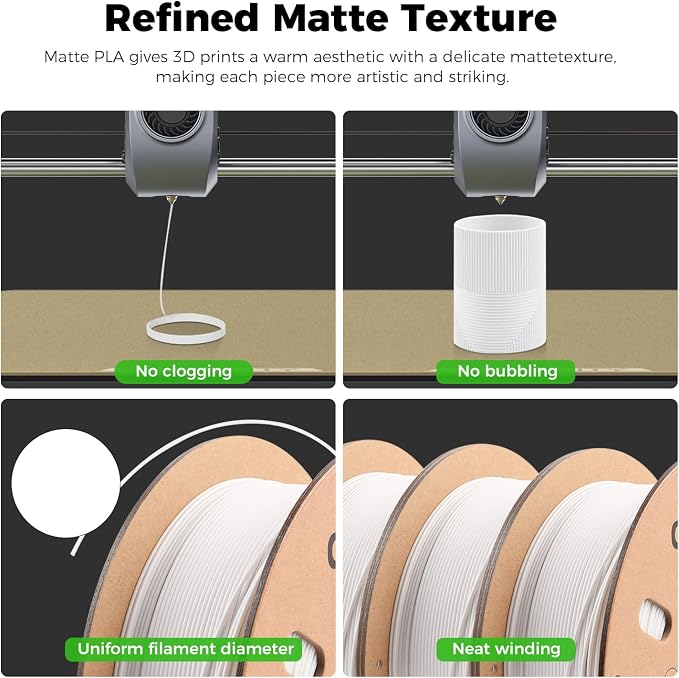 CCTREE Matte PLA Filament 1.75mm Bundle, 4 Pack 1KG Cardboard Spool, White | Matte Surface Texture, Easy to Print 3D Printing Filament, Accuracy +/- 0.03 mm, Fit Most FDM 3D Printers