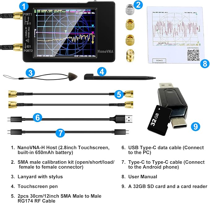 [Upgraded] AURSINC NanoVNA-H Vector Network Analyzer Latest HW Version 3.7, 9KHz -1.5GHz Antenna Analyzer with 32GB SD Card Support Data Storage, Measuring S Parameters, SWR, Phase, Delay, Smith Chart