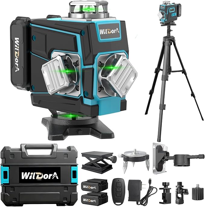 Laser Level with Tripod, 4x360° Self Leveling ±4° Laser Level, Remote Control 4D Green 16 Line Laser Leveler Tool for Woodworking&Renovation, with 2x4800mAh Li-ion Batteries&Hard Carry Case