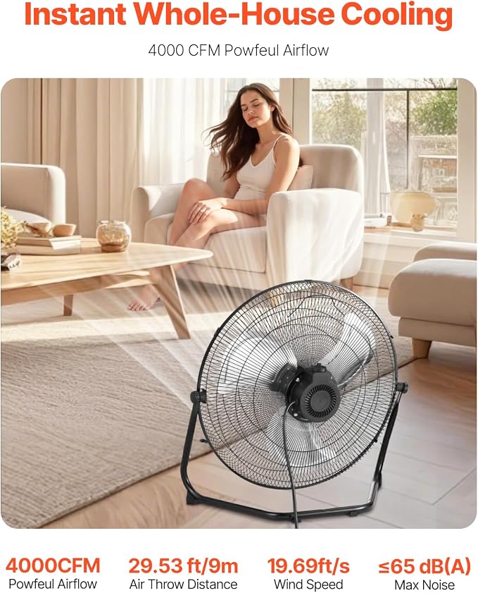 VEVOR Floor Fan, 3 Speeds High Velocity Heavy Duty 18 Inch Industrial Fan, 4000 CFM 360° Adjustable Tilt 19.69 ft/sec Airflow Large Metal Fan, for Home, Gym, Office, Garage, Commercial Shop & Bedroom