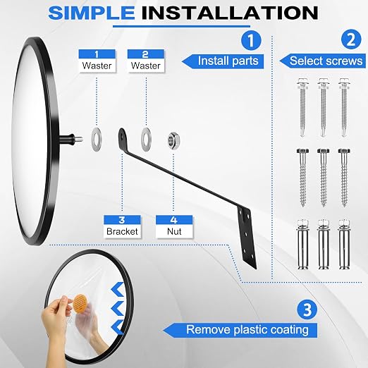 12” Acrylic Convex Mirror Convex Security Corner Mirrors, Adjustable Fixing Bracket with Wide Angle, Indoor Outdoor Curved Safety Mirror for Room Driveway Parking Garage Office