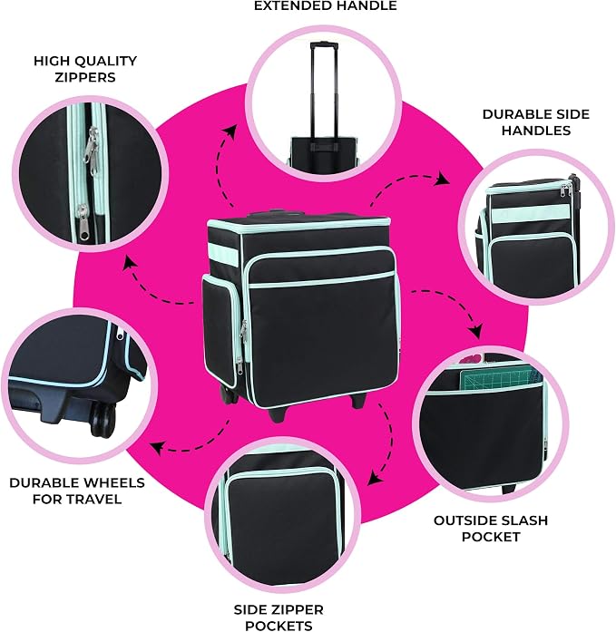 Everything Mary Rolling Scrapbook Tote – Black & Teal Craft Bag with Wheels – Organizer Case for Scrapbooking, Papercraft, Art Supplies & Creative Tools