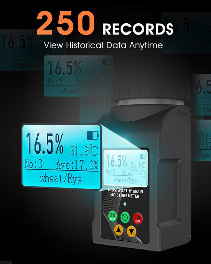 Grain Moisture Meter for 40 Crops, Digital Grain Moisture Tester with Temperature Display for Wheat, Barley, Corn, Oats, Canola, Soybeans