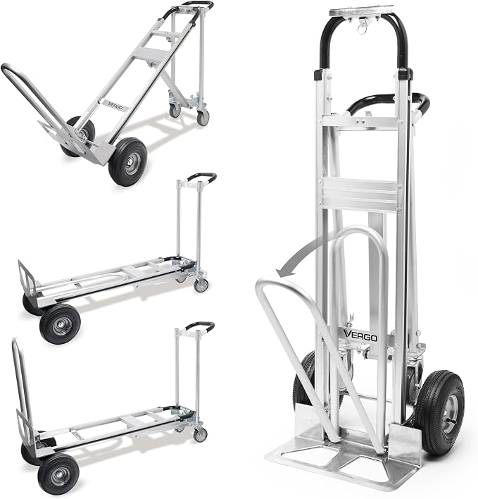 Vergo Industrial Convertible Hand Truck - AS7A2 Heavy Duty Aluminum 3 in 1 Dolly (750 lb Capacity) Lightweight Frame, Ergonomic Handle, Extendable Loop, Versatile Moving Dolly (3 Positions 53" High)