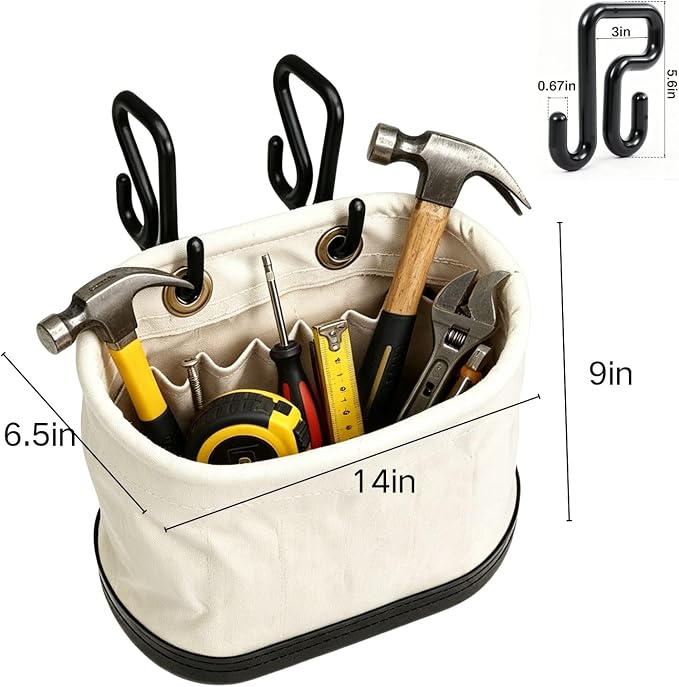 Canvas Bucket Bag with Hooks 15 Pockets Lineman Tool Bag Organizer with Non-Conductive Polypropylene Bottom for Industrial Maintenance Construction Sites
