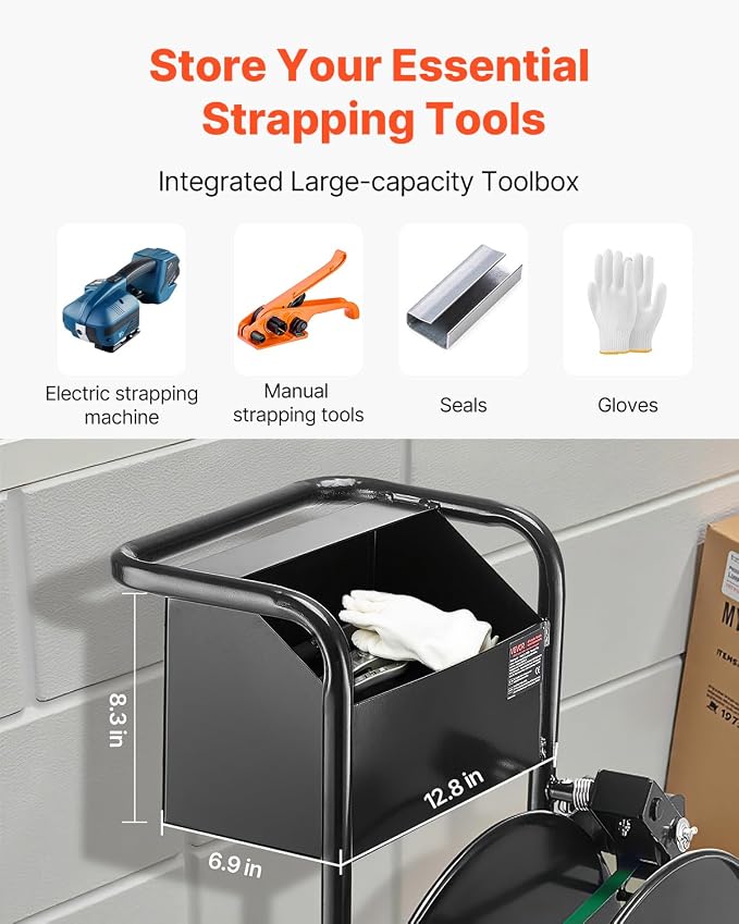 VEVOR Banding Strapping Cart, for PET/PP Coils with 8" or 16" Core, Heavy Duty Strapping Dispenser with Upgrade Drum Brake System, Rubber Wheels and Built-in Spacious Tool Tray, 110 lbs Capacity