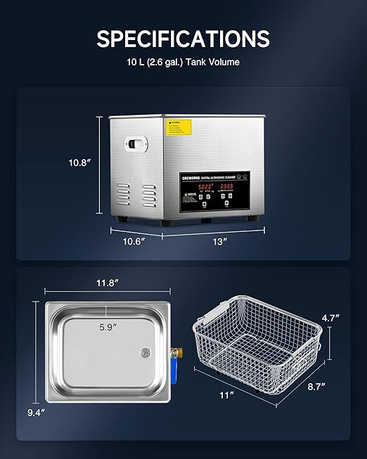 CREWORKS 6L Digital Ultrasonic Cleaner with Degas & Gentle Modes, 1.6 gal. Ultrasonic Cleaning Machine, 180W Professional Ultrasound Cleaner with 300W Heater & 1-30 min. Timer for Glasses Toys Tools