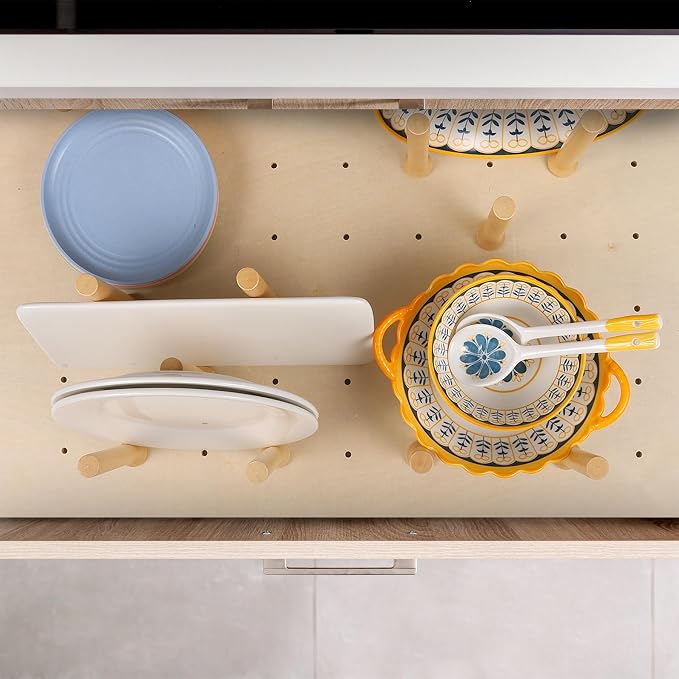 Pegboard Drawer Organizer（24×21in） Peg Board for Drawers,Peg Board Drawer Organizer Kitchen Pegboard Divider Adjustable Trimmable，15PCS Wood Wooden Peg