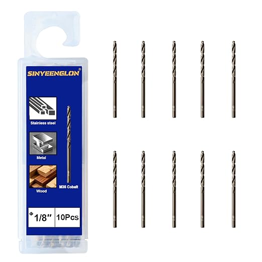 1/8 Drill Bits for Metal and Hard Steel(10pcs),M35 High Speed Steel Twist Jobber Metal Drill Bits,with Index Storage Case