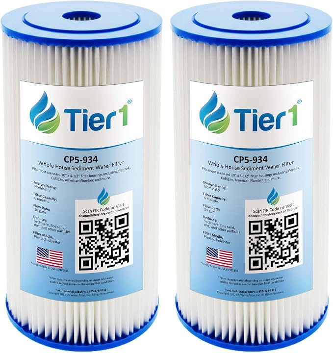 Tier1 5 Micron 10 x 4.5 Water Filter | Pleated Polyester Whole House Sediment Filter Cartridge | Replacement for Pentek CP5-BB, Culligan CP5-BBS-D, CP5-934, W5CPHD | 4.5 x 10 Water Filter (2-Pack)
