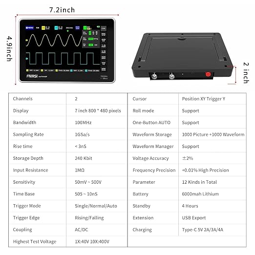 FNIRSI 1013D Oscilloscope - Handheld Tablet Oscilloscope, Portable Digital Storage Oscilloscope Kit 2 Channels 100Mhz Bandwidth 1GSa/s Sampling Rate 7" TFT LCD Touch Screen