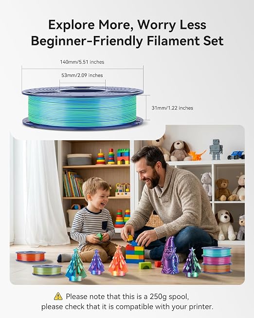 250g Silk Dual Color PLA Filament 1.75mm Bundle, SUNLU 3D Printer Filament, Coextruded Shiny Multicolor PLA, Individually Vacuum Packed, 4 Rolls, Red Gold+Blue Green+Red Blue+Green Purple