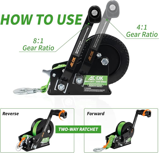 3200lbs Heavy Duty Boat Trailer Winch with 32FT Strap，2-Way Ratchet 4:1/8:1 Gear Trailer Winch，Portable Hand Crank Winch for Boat, Truck, Trailer, RV, ATV, Jet Ski