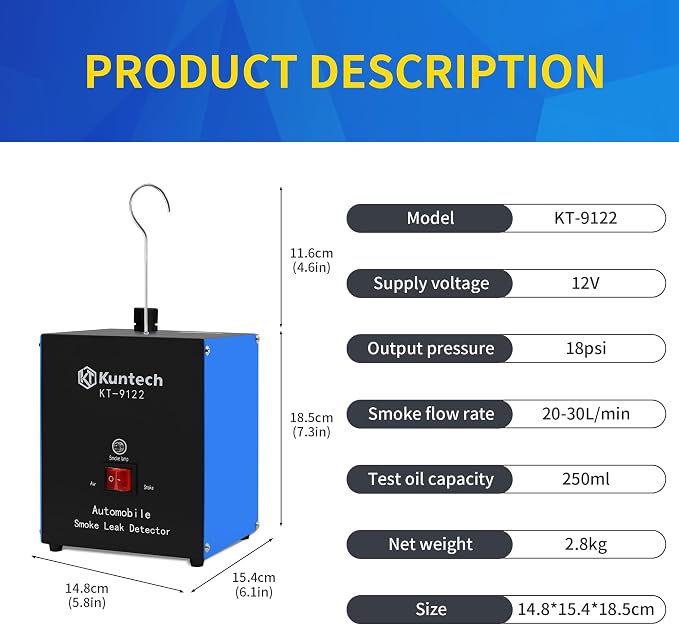Kuntech Automotive Smoke Machine Built-in Air Pump, 12V DC Smoke Leak Detector for Pipe System, Fuel Leakage, Leakage Diagnostic Tester for All Cars
