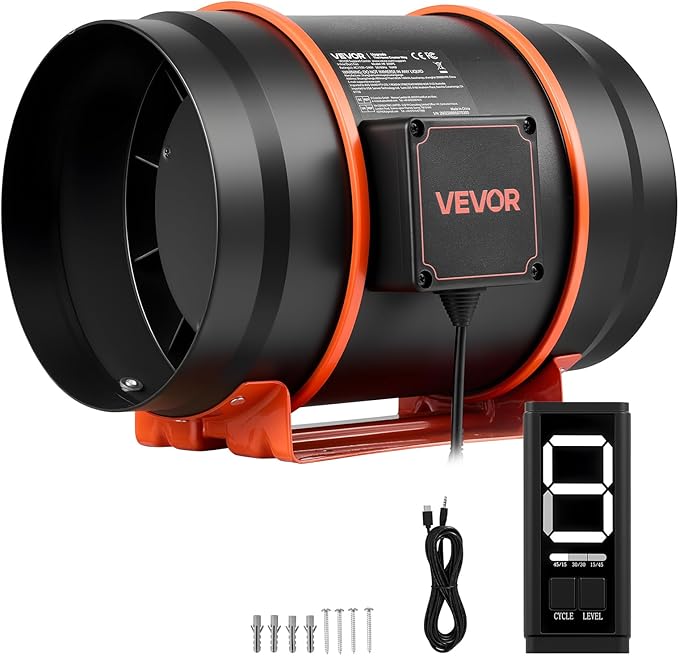 VEVOR Inline Duct Fan, 807 CFM 8 inch EC Motor Ventilation Fan with 3-Speed Circulation, 10-Speed PWM Controller, Timer-Controlled Operation, Cooling for Grow Tents, Indoor Gardening, Hydroponics